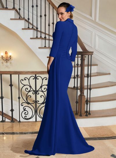 V-Neck Sleeves High Waist Elastic Satin Sheath/Column Evening Dresses