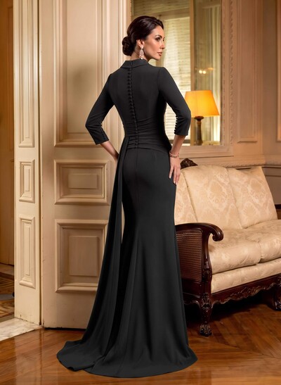 V-Neck Sleeves High Waist Elastic Satin Sheath/Column Evening Dresses
