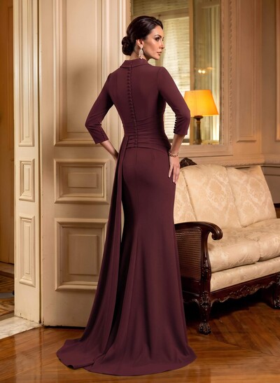 V-Neck Sleeves High Waist Elastic Satin Sheath/Column Evening Dresses