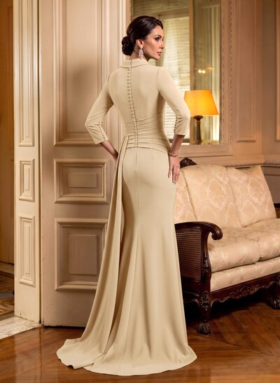 V-Neck Sleeves High Waist Elastic Satin Sheath/Column Evening Dresses