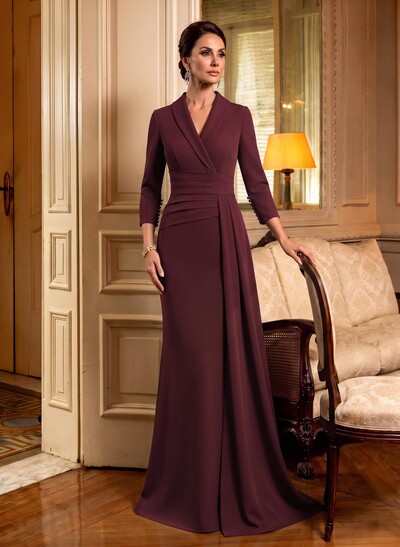 V-Neck Sleeves High Waist Elastic Satin Sheath/Column Evening Dresses