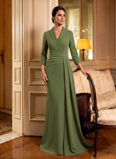 V-Neck Sleeves High Waist Elastic Satin Sheath/Column Evening Dresses