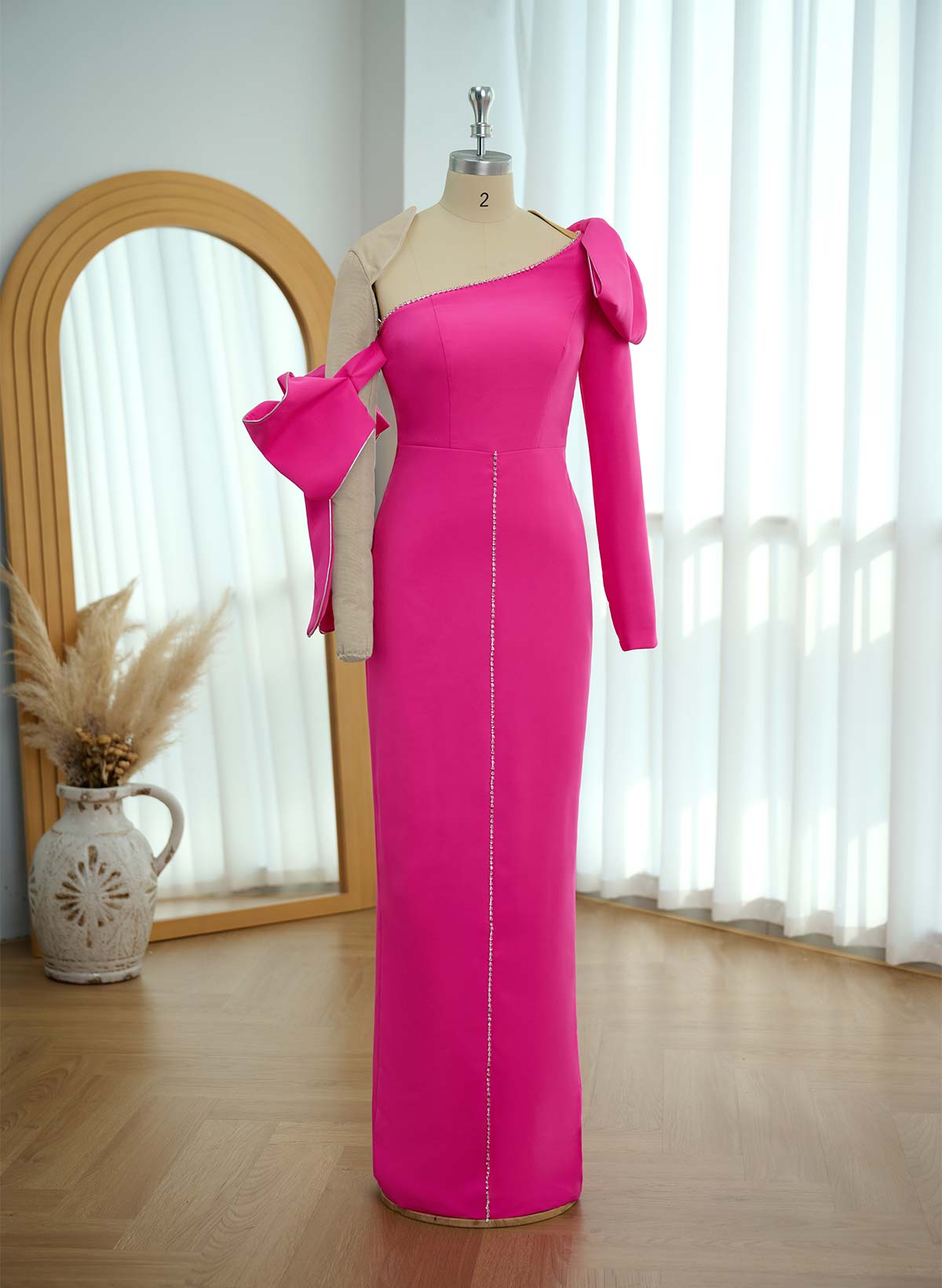 Sheath/Column Asymmetrical Neck Elastic Satin Evening Dresses With Bow(s)