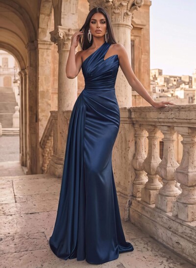 Sheath/Column One-Shoulder Sleeveless Silk Like Satin Evening Dresses