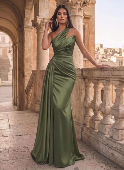 Sheath/Column One-Shoulder Sleeveless Silk Like Satin Evening Dresses