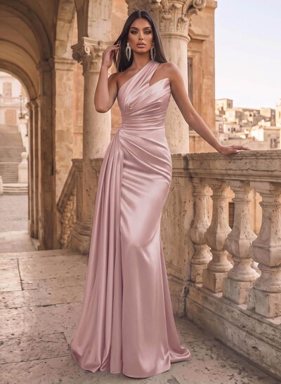 Sheath/Column One-Shoulder Sleeveless Silk Like Satin Evening Dresses