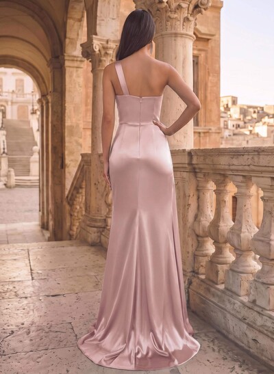 Sheath/Column One-Shoulder Sleeveless Silk Like Satin Evening Dresses