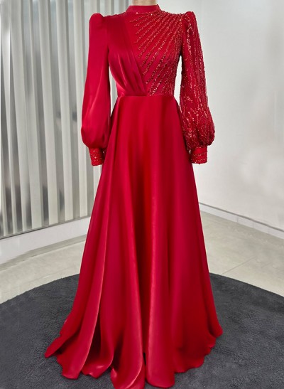 A-Line High Neck Long Sleeves Silk Like Satin Evening Dresses With Sequins