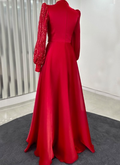 A-Line High Neck Long Sleeves Silk Like Satin Evening Dresses With Sequins