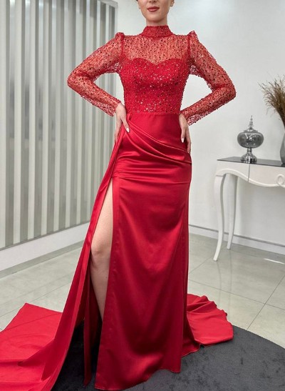 Sheath/Column Illusion Neck Long Sleeves Sequined Evening Dresses With High Split