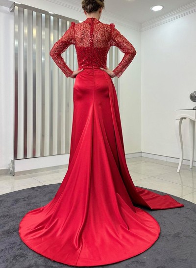 Sheath/Column Illusion Neck Long Sleeves Sequined Evening Dresses With High Split