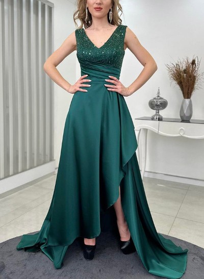 A-Line V-Neck Sleeveless Sequined Evening Dresses With Split Front