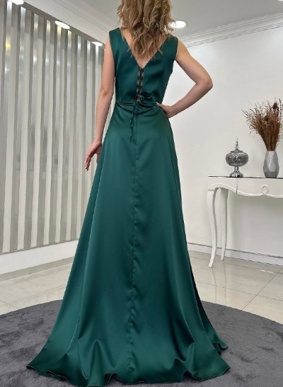 A-Line V-Neck Sleeveless Sequined Evening Dresses With Split Front
