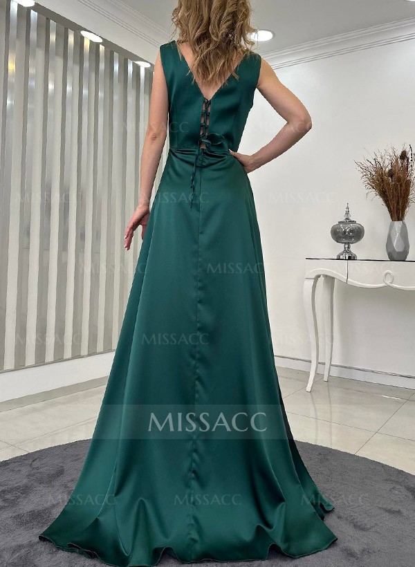 A-Line V-Neck Sleeveless Sequined Evening Dresses With Split Front