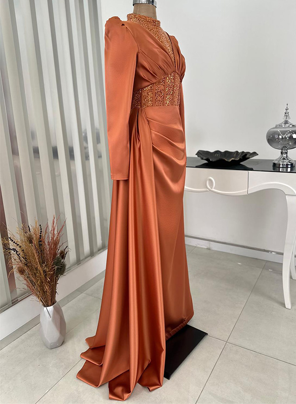 Sheath/Column High Neck Silk Like Satin Evening Dresses With Sequins