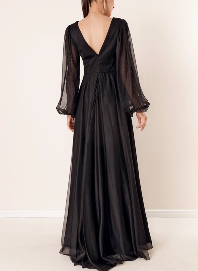 A-Line V-Neck Long Sleeves Floor-Length Tulle/Silk Like Satin Evening Dresses