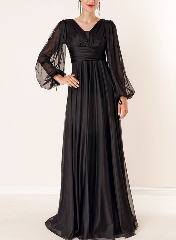 A-Line V-Neck Long Sleeves Floor-Length Tulle/Silk Like Satin Evening Dresses