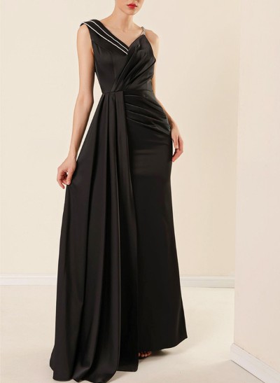 Sheath/Column V-Neck Sleeveless Silk Like Satin Evening Dresses With High Split