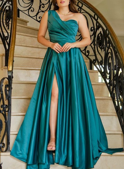A-Line One-Shoulder Sleeveless Sweep Train Satin Mother Of The Bride Dresses