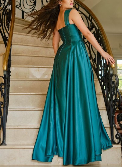 A-Line One-Shoulder Sleeveless Sweep Train Satin Mother Of The Bride Dresses
