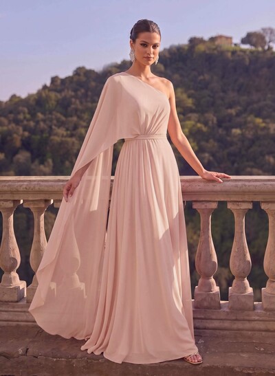 One-Shoulder Simple Cape Evening Dresses With Chiffon