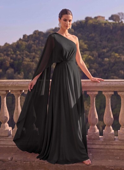 One-Shoulder Simple Cape Evening Dresses With Chiffon