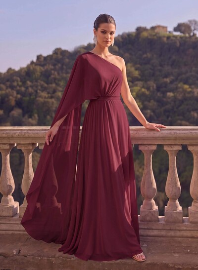 One-Shoulder Simple Cape Evening Dresses With Chiffon