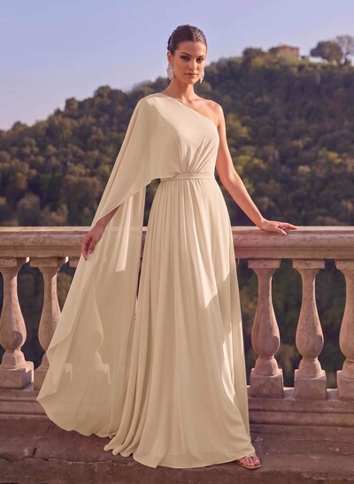 One-Shoulder Simple Cape Evening Dresses With Chiffon