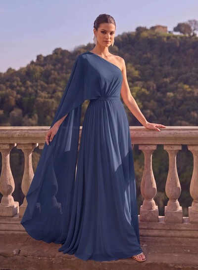 One-Shoulder Simple Cape Evening Dresses With Chiffon