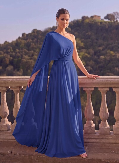 One-Shoulder Simple Cape Evening Dresses With Chiffon