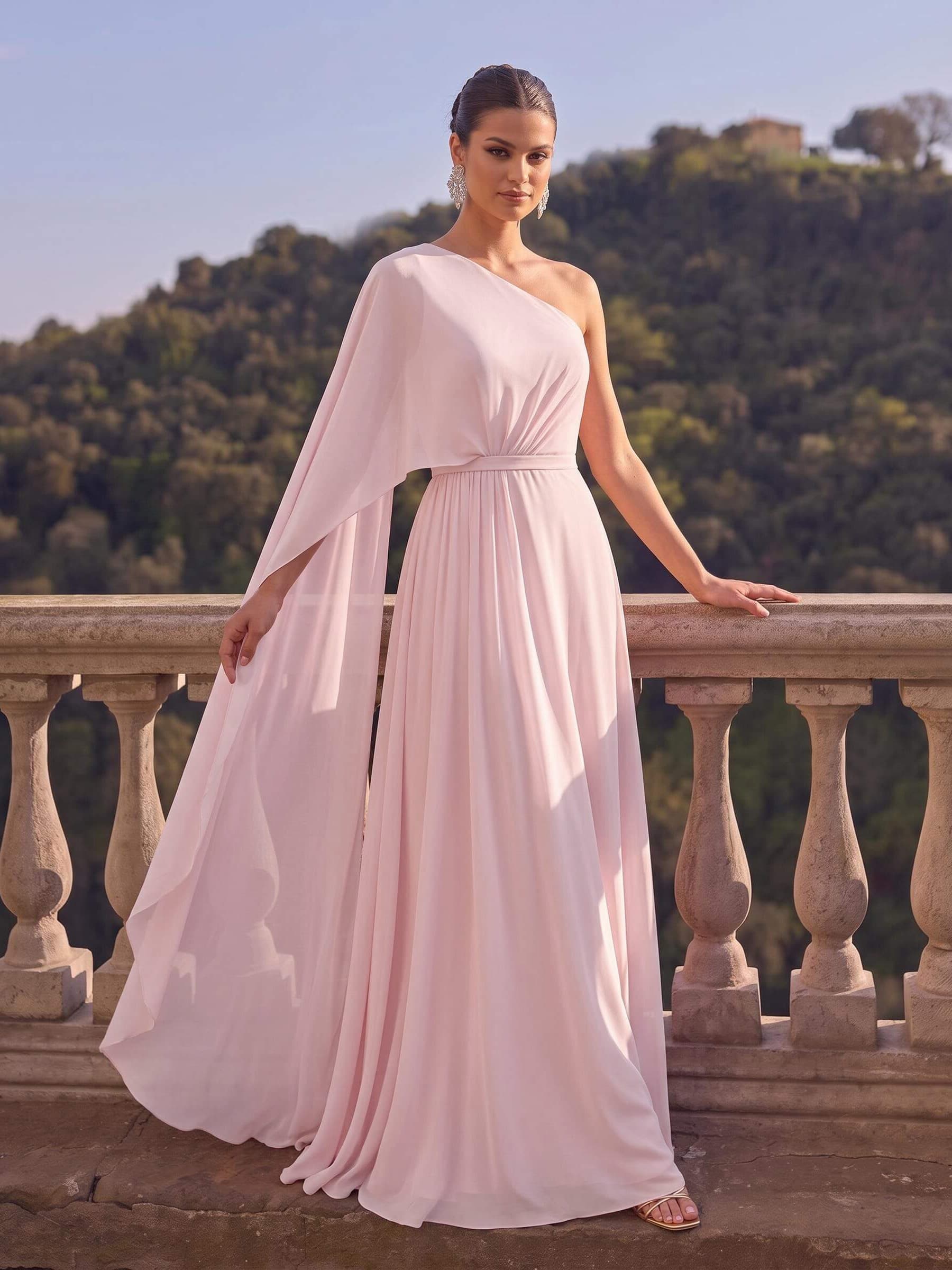 One-Shoulder Simple Cape Evening Dresses With Chiffon
