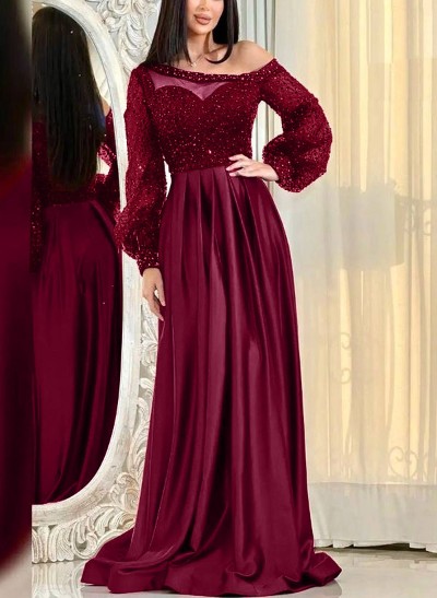 A-Line One-Shoulder Long Sleeves Silk Like Satin Evening Dresses With Sequins