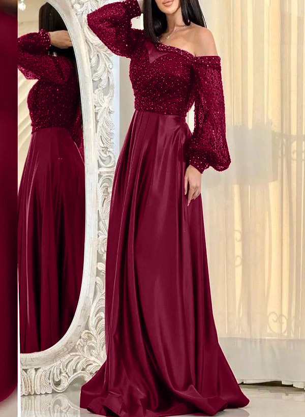 A-Line One-Shoulder Long Sleeves Silk Like Satin Evening Dresses With Sequins