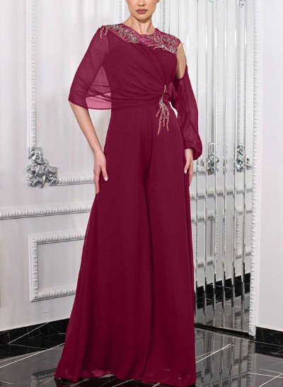 A-Line Scoop Neck Long Sleeves Chiffon Evening Dresses With Sequins