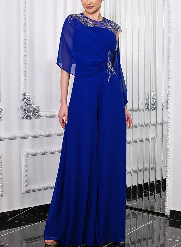 A-Line Scoop Neck Long Sleeves Chiffon Evening Dresses With Sequins