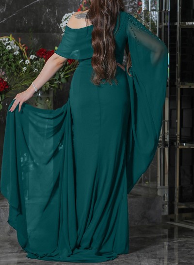 A-Line Asymmetrical Long Sleeves Floor-Length Chiffon Evening Dresses