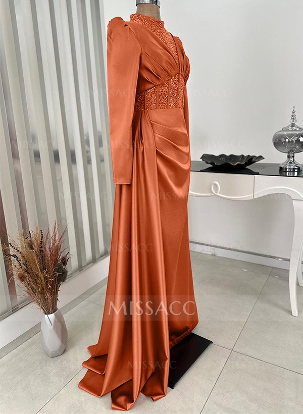 Sheath/Column High Neck Silk Like Satin Evening Dresses With Sequins