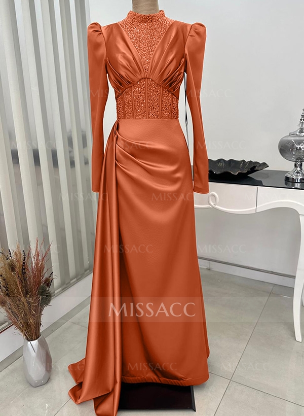 Sheath/Column High Neck Silk Like Satin Evening Dresses With Sequins