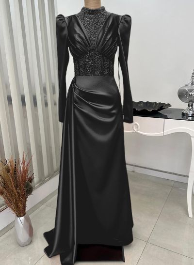 Sheath/Column High Neck Silk Like Satin Evening Dresses With Sequins