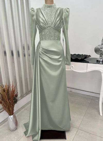 Sheath/Column High Neck Silk Like Satin Evening Dresses With Sequins