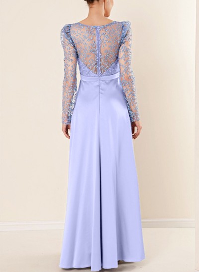 A-Line V-Neck Long Sleeves Silk Like Satin Evening Dresses With Lace