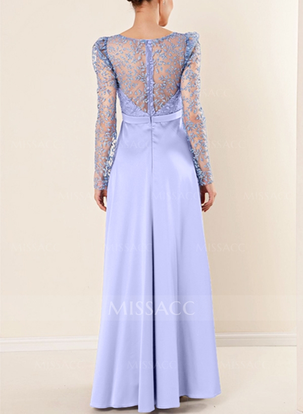 A-Line V-Neck Long Sleeves Silk Like Satin Evening Dresses With Lace