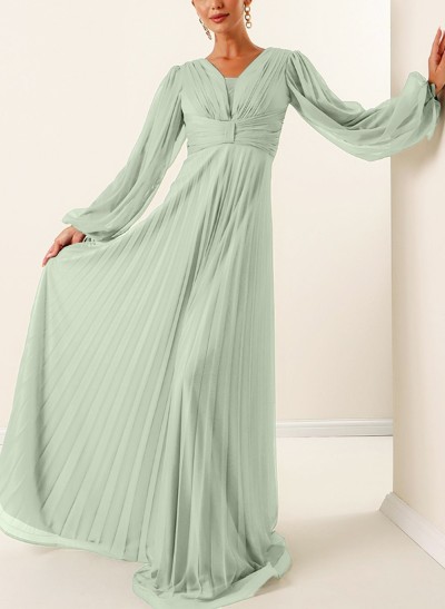 A-Line V-Neck Long Sleeves Sweep Train Chiffon Evening Dresses