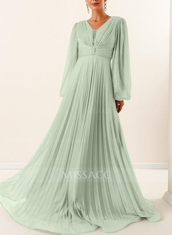 A-Line V-Neck Long Sleeves Sweep Train Chiffon Evening Dresses