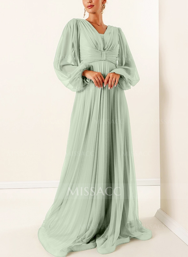 A-Line V-Neck Long Sleeves Sweep Train Chiffon Evening Dresses