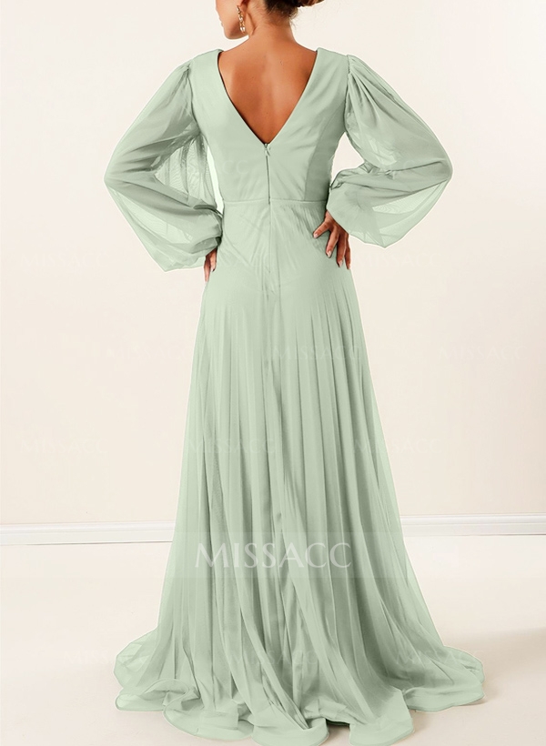 A-Line V-Neck Long Sleeves Sweep Train Chiffon Evening Dresses