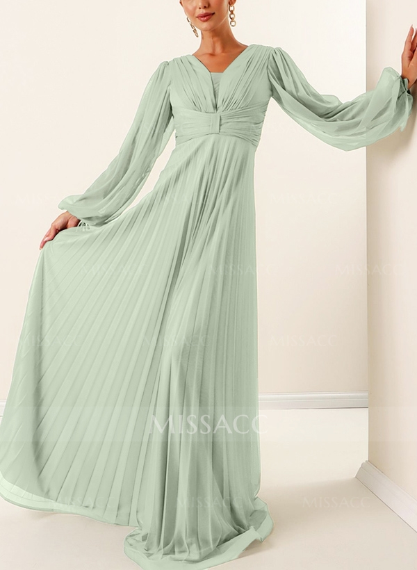 A-Line V-Neck Long Sleeves Sweep Train Chiffon Evening Dresses