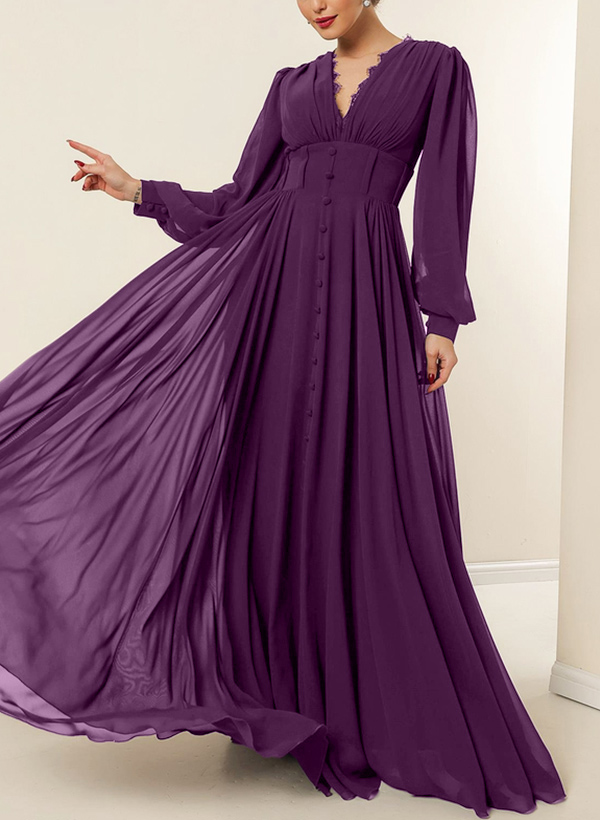 A-Line V-Neck Long Sleeves Floor-Length Chiffon Evening Dresses