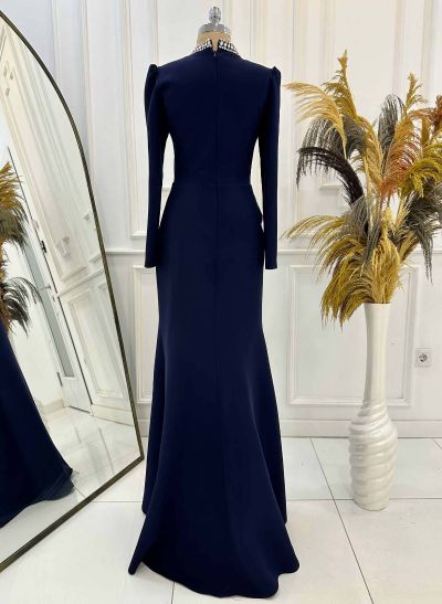 Sheath/Column High Neck Long Sleeves Elastic Satin Evening Dresses