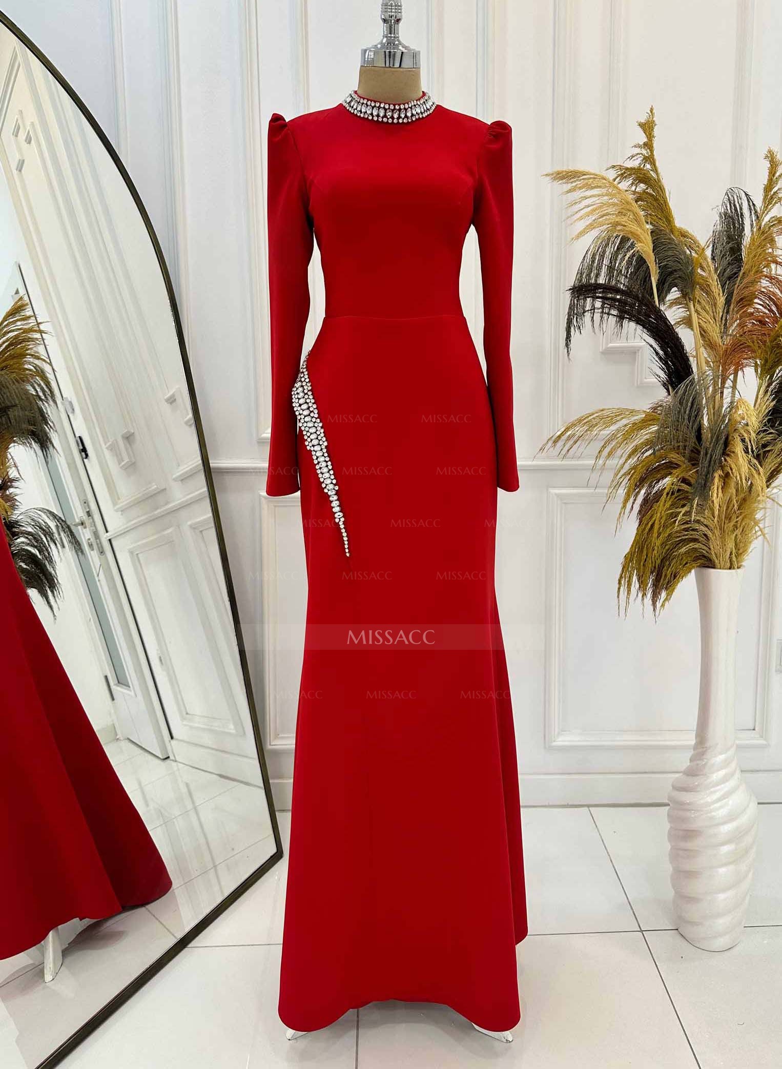 Sheath/Column High Neck Long Sleeves Elastic Satin Evening Dresses